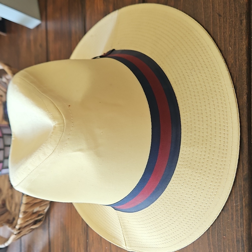 Classic Yellow Fedora Hat with Navy and Red Band